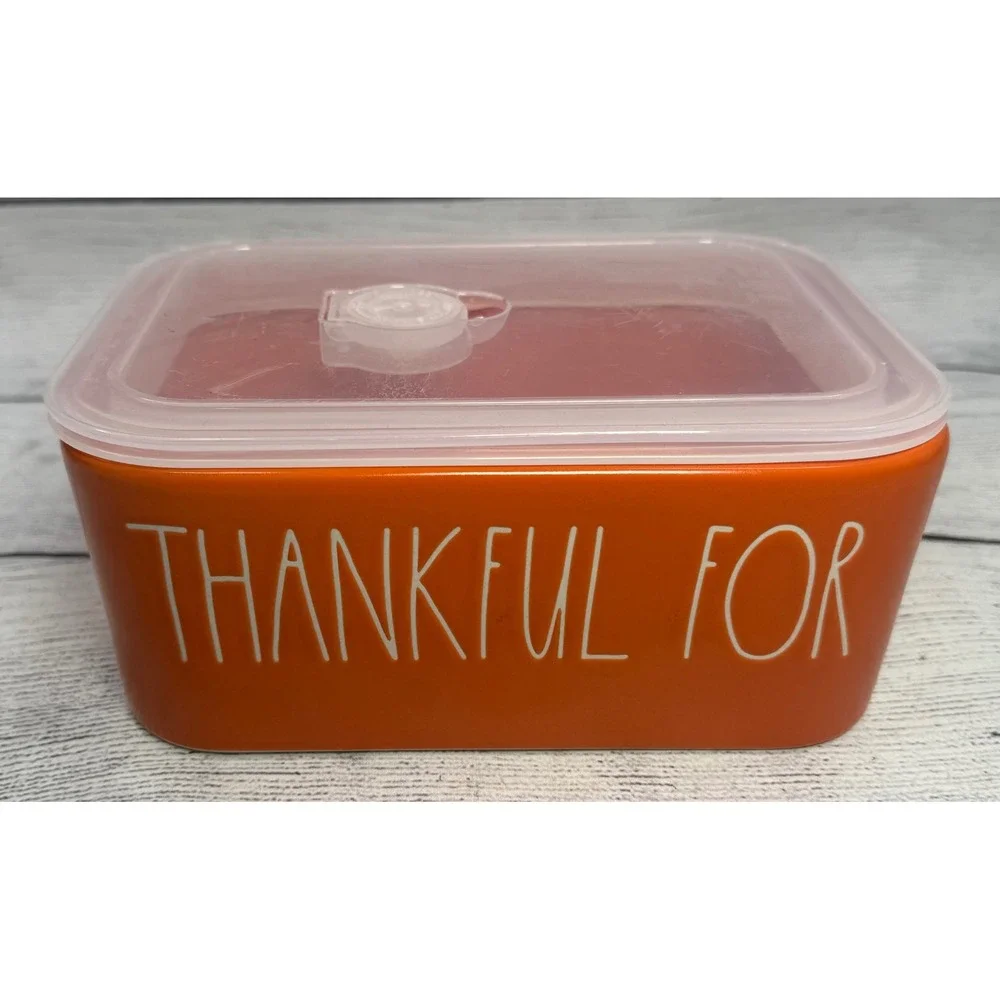 Rae Dunn Orange Thankful For Leftovers Ceramic‎ Food Storage Container with Lid
